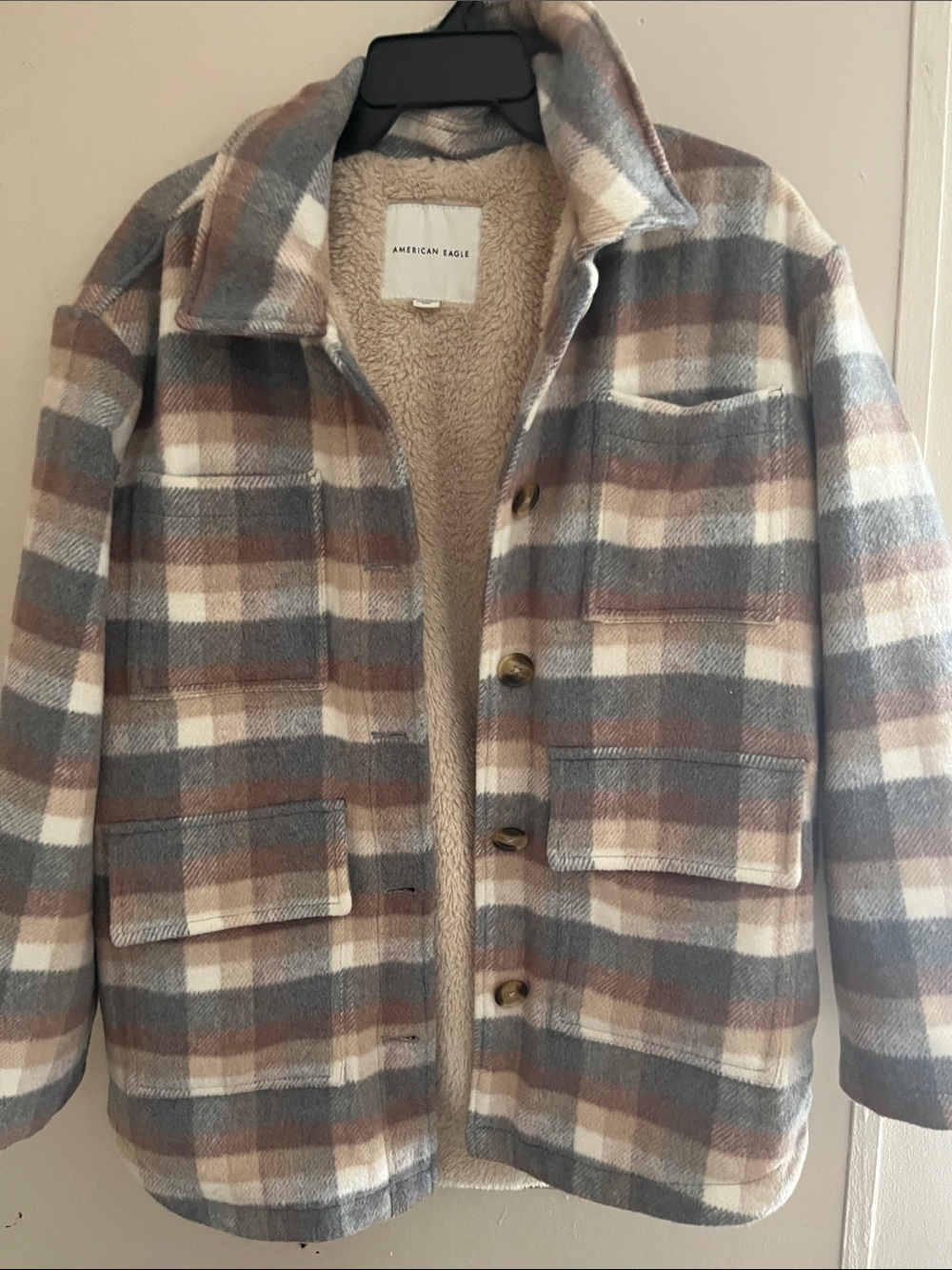 American Eagle Outfitters Plaid Sherpa-Lined Shacket in Brown, Gray & White